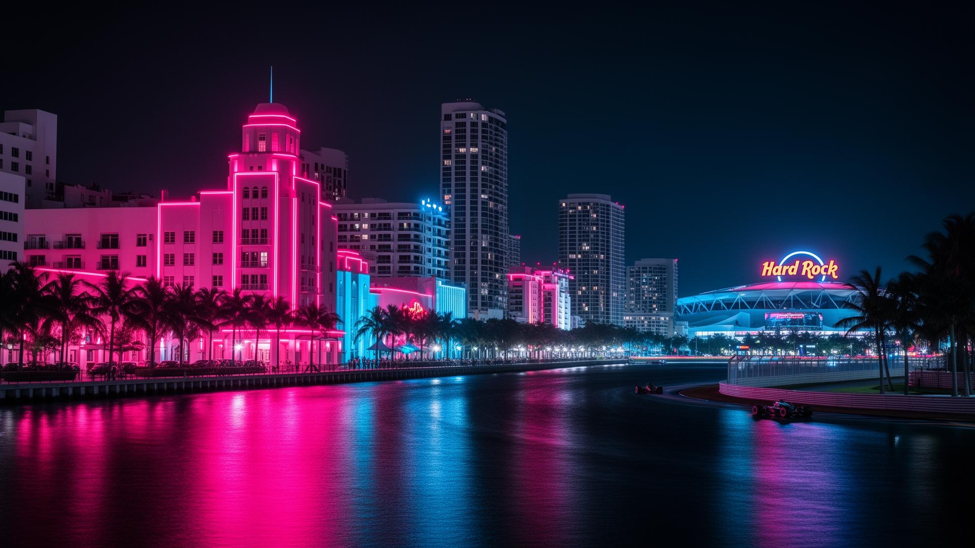Miami skyline at night with neon pink and electric blue lights, F1 circuit near Hard Rock Stadium